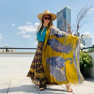 Inouïtoosh Wool Mustard Owl Cat Fringed Blanket Scarf Dupatta